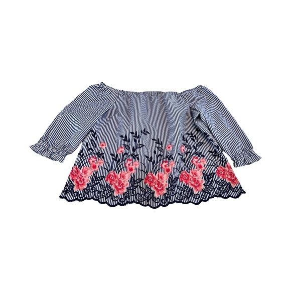Elle Womens 2XL Striped 3/4 Off Shoulder Floral Embroidered Top Blouse - Picture 1 of 4